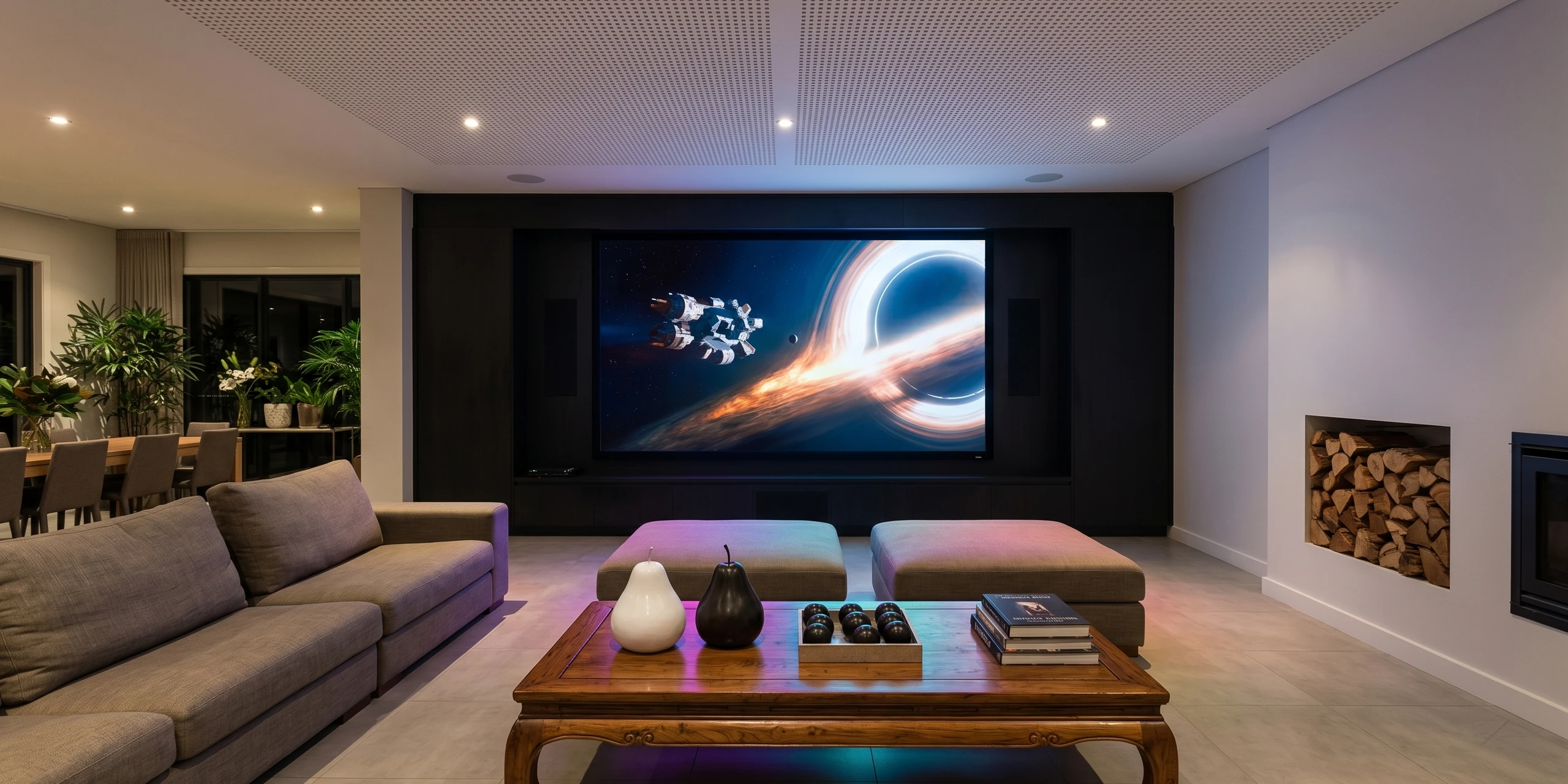 Home cinéma ATMOS 5.1.2 avec écran acoustique grand format et projecteur laser 4K dans un salon