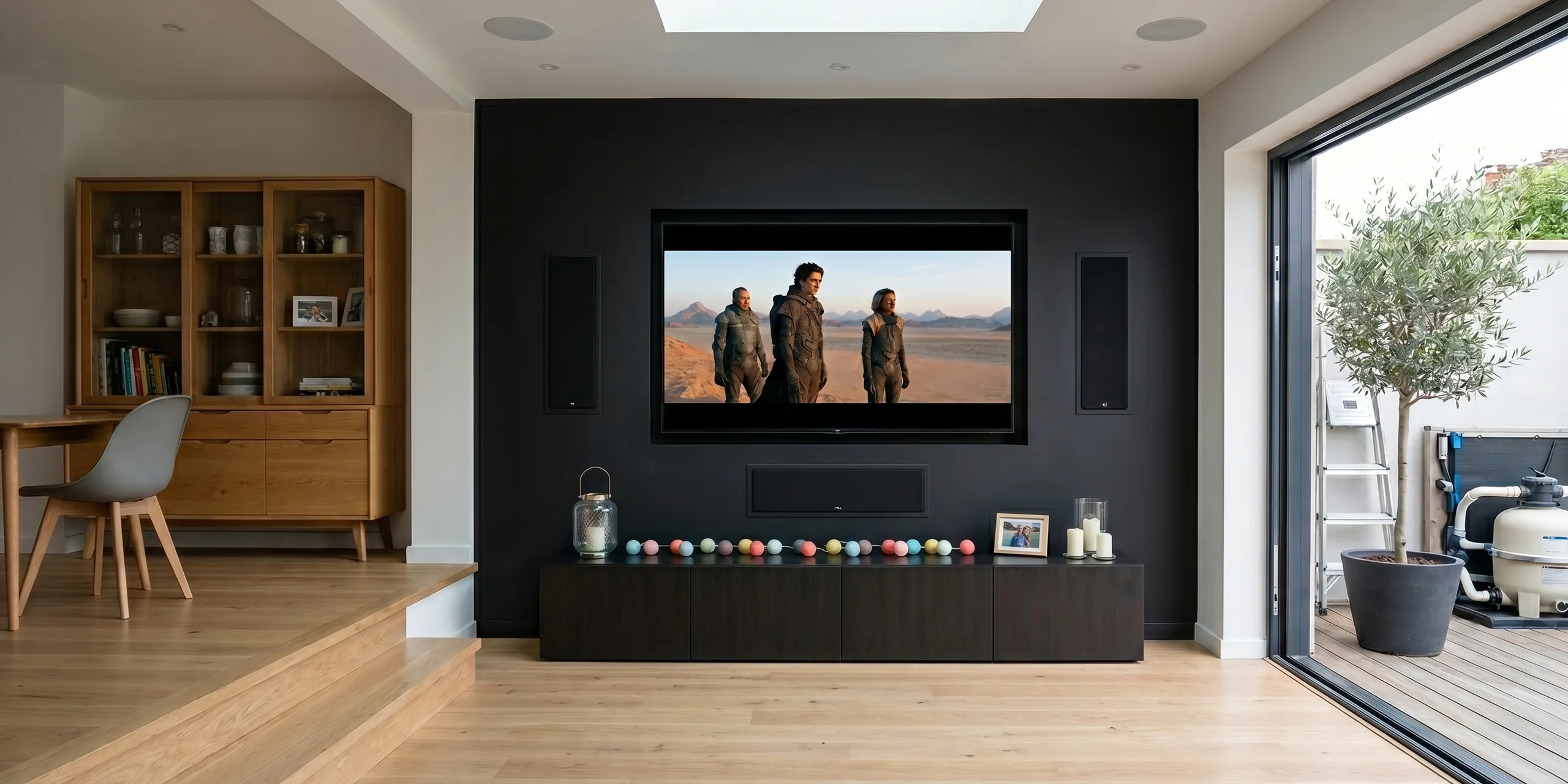 Salon épuré avec home cinéma 5.1 totalement intégré au plafond