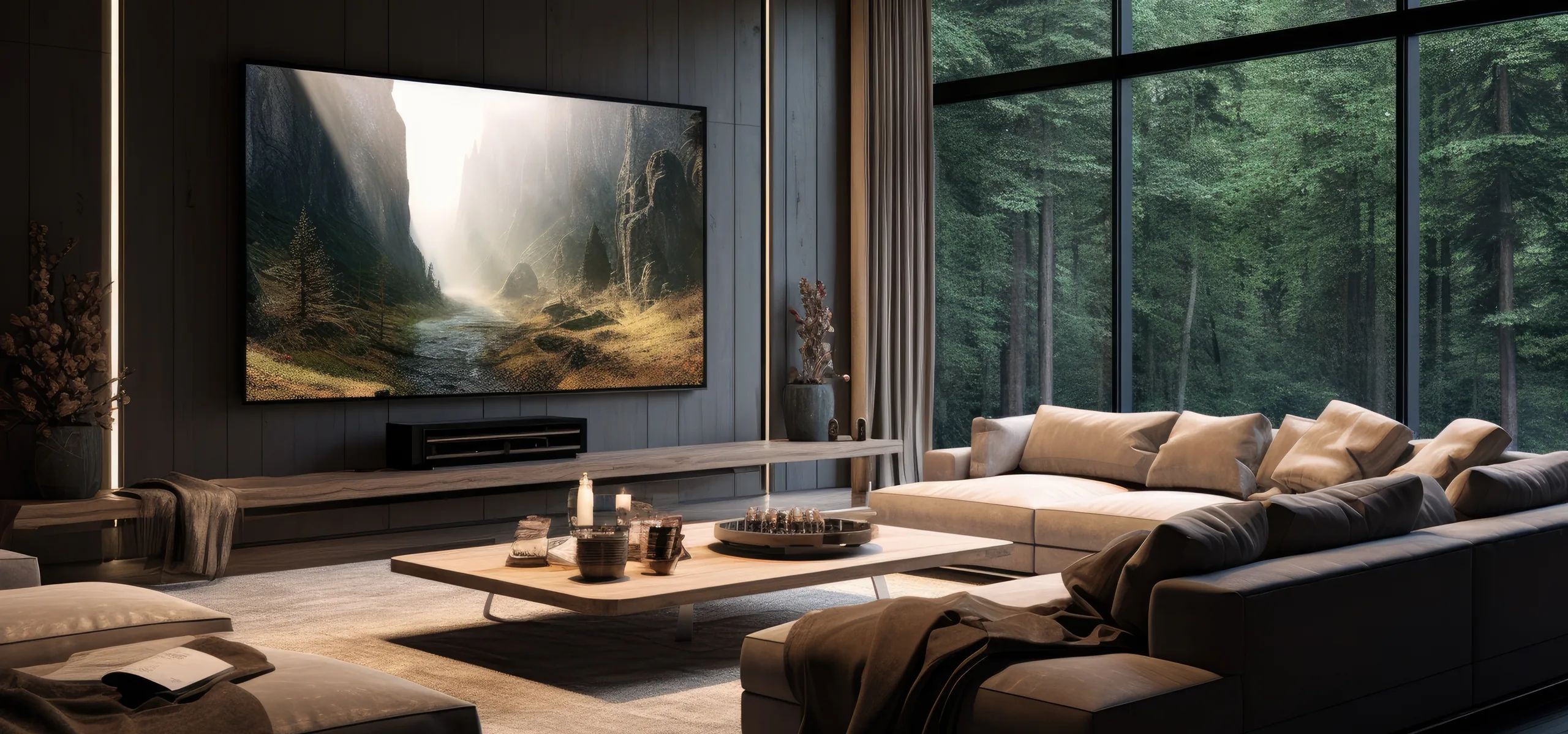 Home cinéma 5.1 intégré au plafond NAD Dirac dans un salon épuré