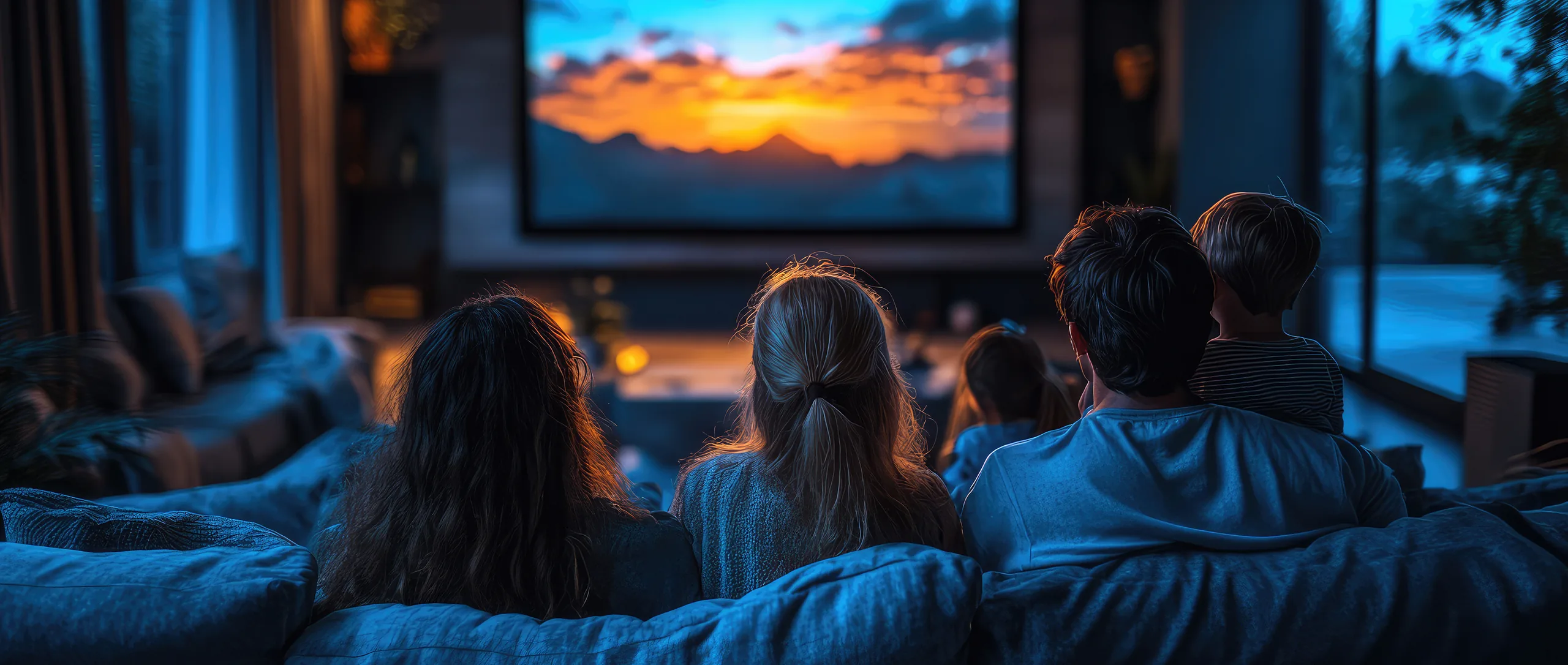 Installation home-cinéma intégrée dans un salon avec grand écran